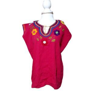 Mexican Hand Embroidered Women's Blouse Peasant Top Pink Etnic Sleeveless M/L